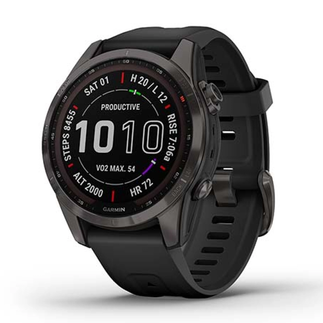 Garmin FENIX 7S Sapphire Solar titan-ko‘mir-kulrang DLC silikon tasmali smart soati