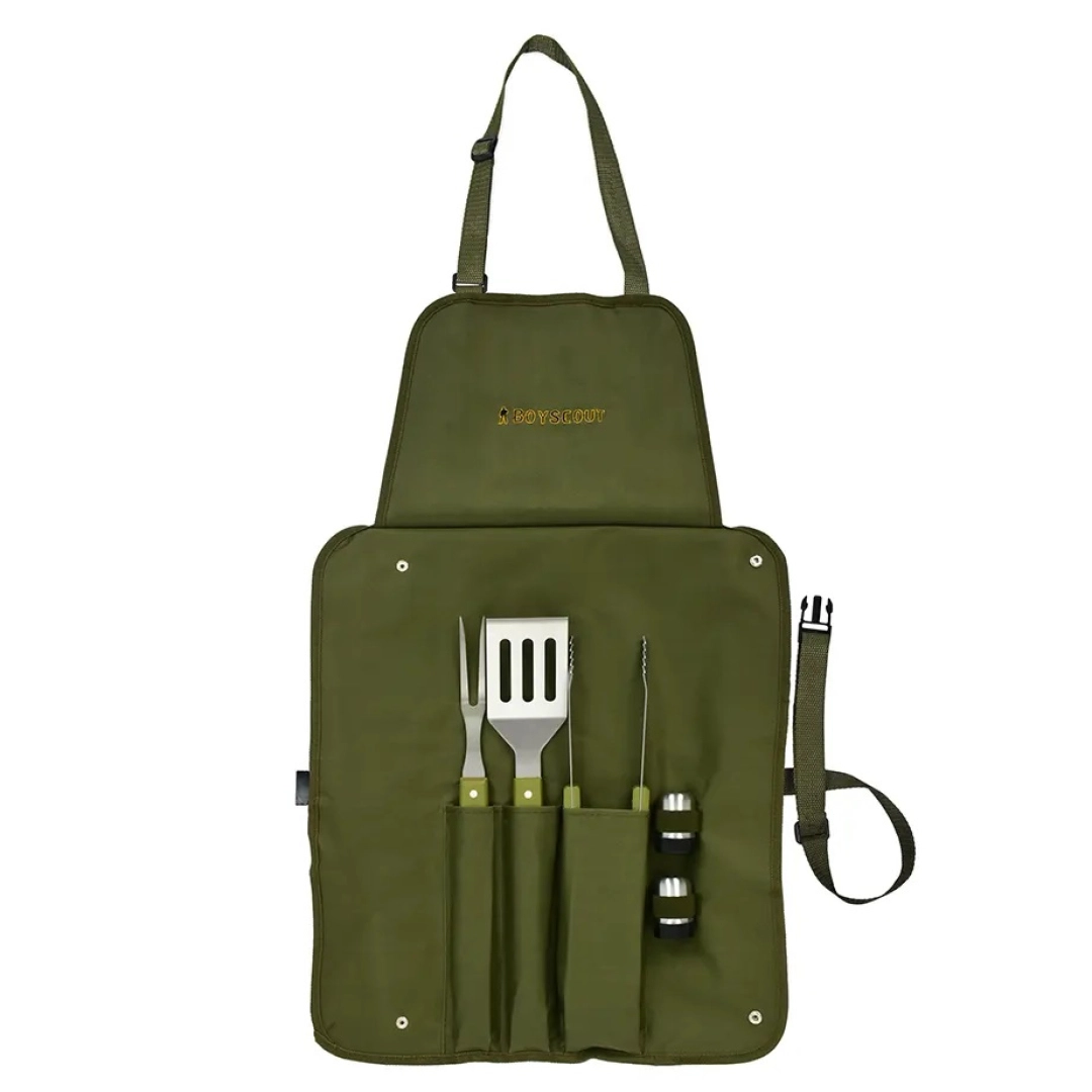 BoyScout barbekyu anjomlari to‘plami (sumka-fartuk, vilka, kurakcha, qisqich, tuzdon, murchdon)