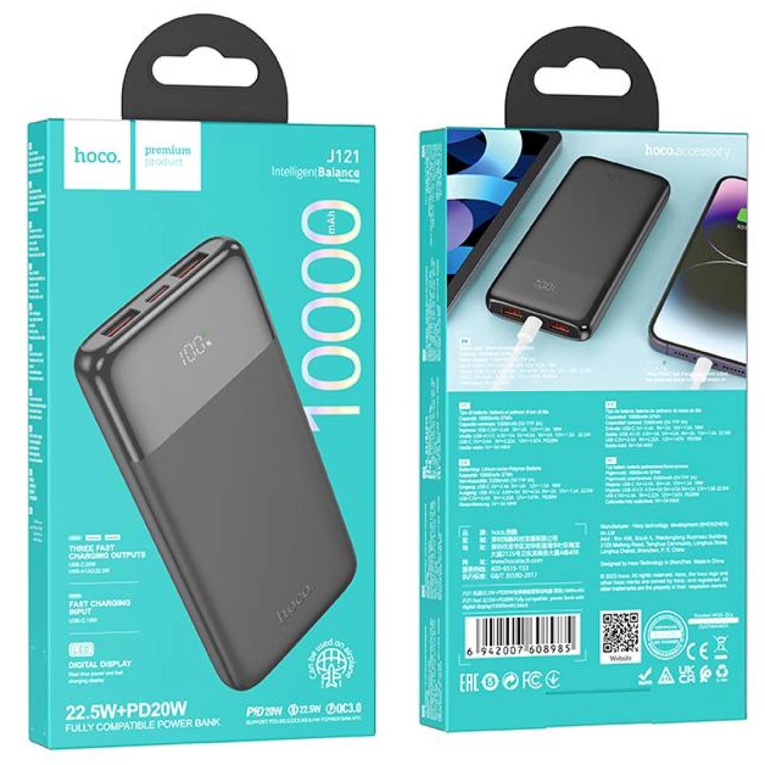 Power Bank Hoco J121 10000mAh qora tashqi akkumulyatori