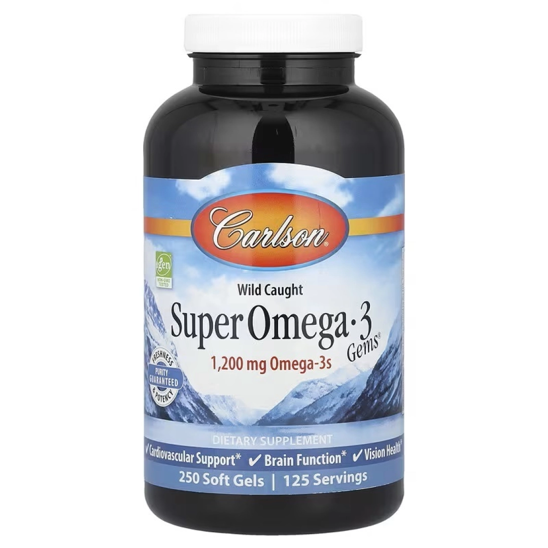 Carlson, Super Omega-3 Gems, yuqori samarali omega-3 kislotalari yovvoyi baliqlardan, 1200 mg, 250 kapsula (1 kapsulada 600 mg)