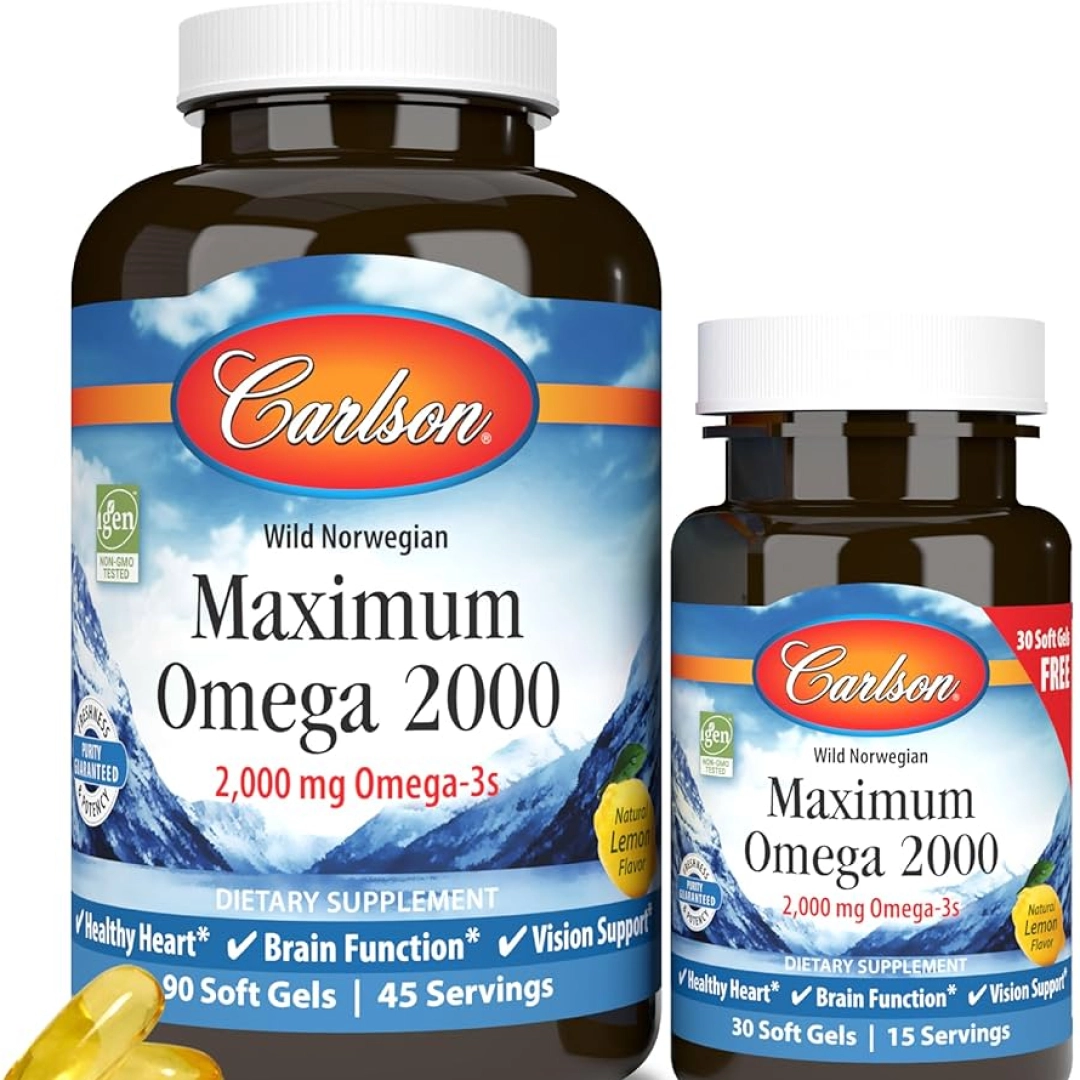Carlson, Maximum Omega 2000, omega-3 kislotalari Norvegiya yovvoyi baliqlaridan, tabiiy limon ta'mi bilan, 2000 mg, 90+30 kapsula (1 kapsulada 1000 mg)
