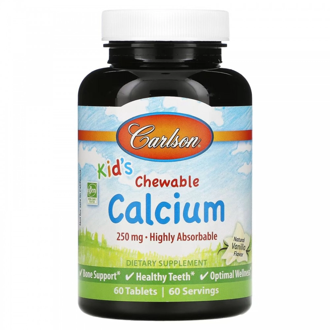 Carlson, Bolalar uchun kaltsiyli chaynashli tabletkalar, tabiiy vanilli ta'mi bilan, 250 mg, 60 tabletka