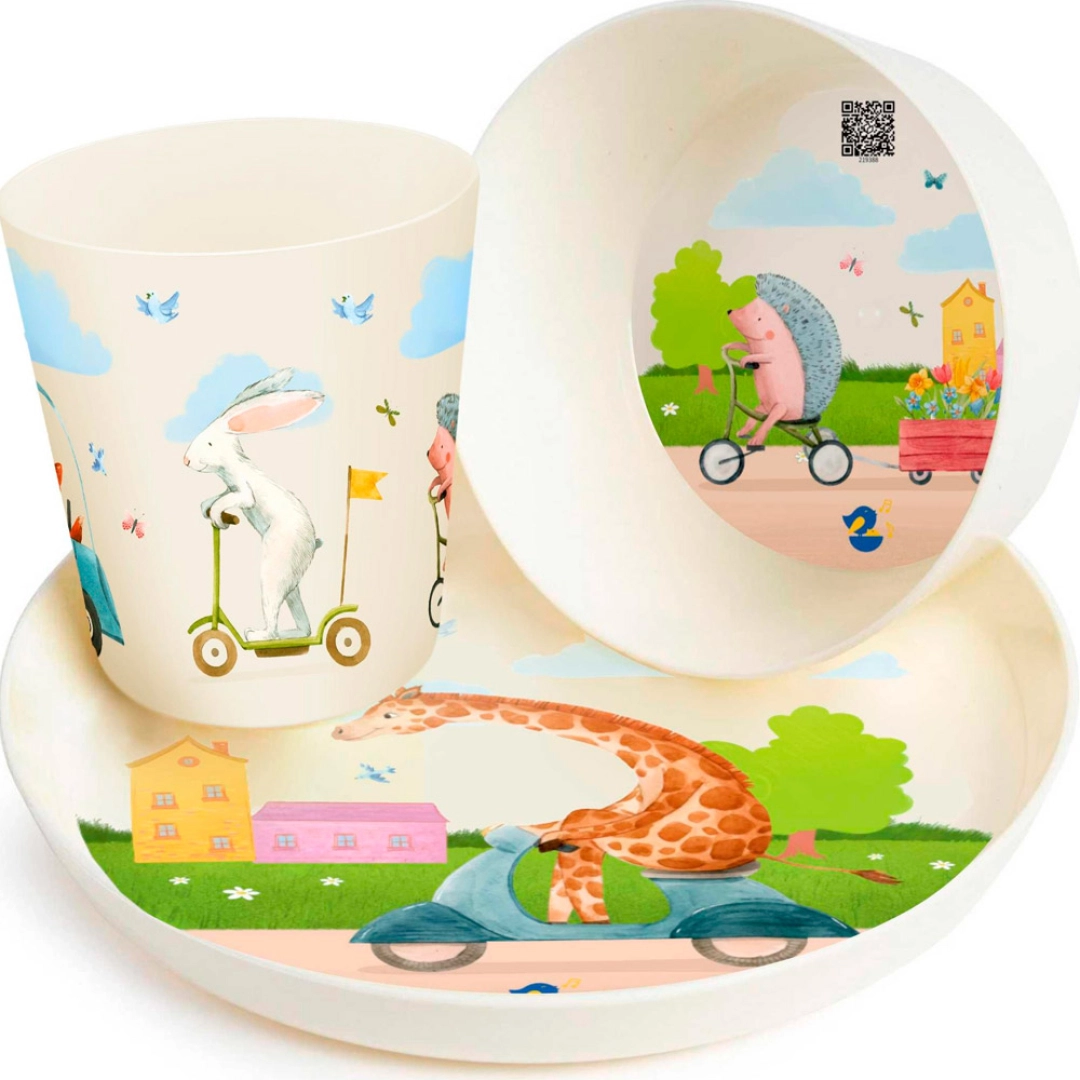 Play with Me Busy Animals bolalar idishlari to'plami (likopcha, idish, 270 ml stakan)