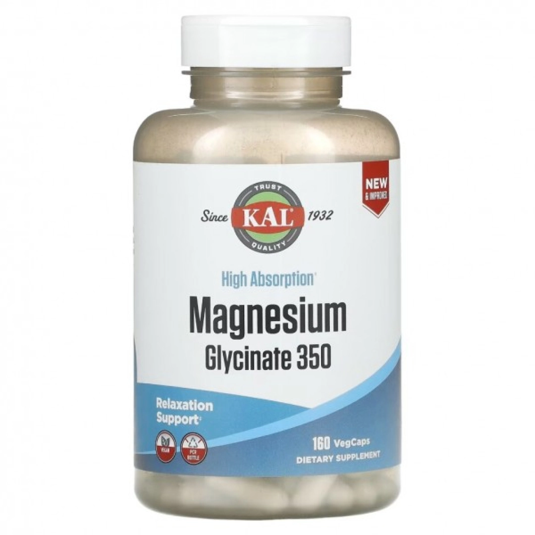 KAL, Magniy Glycinat Yuqori Absorbtsiya Bilan 350 mg, 160 ta O'simlik Kapsulalari