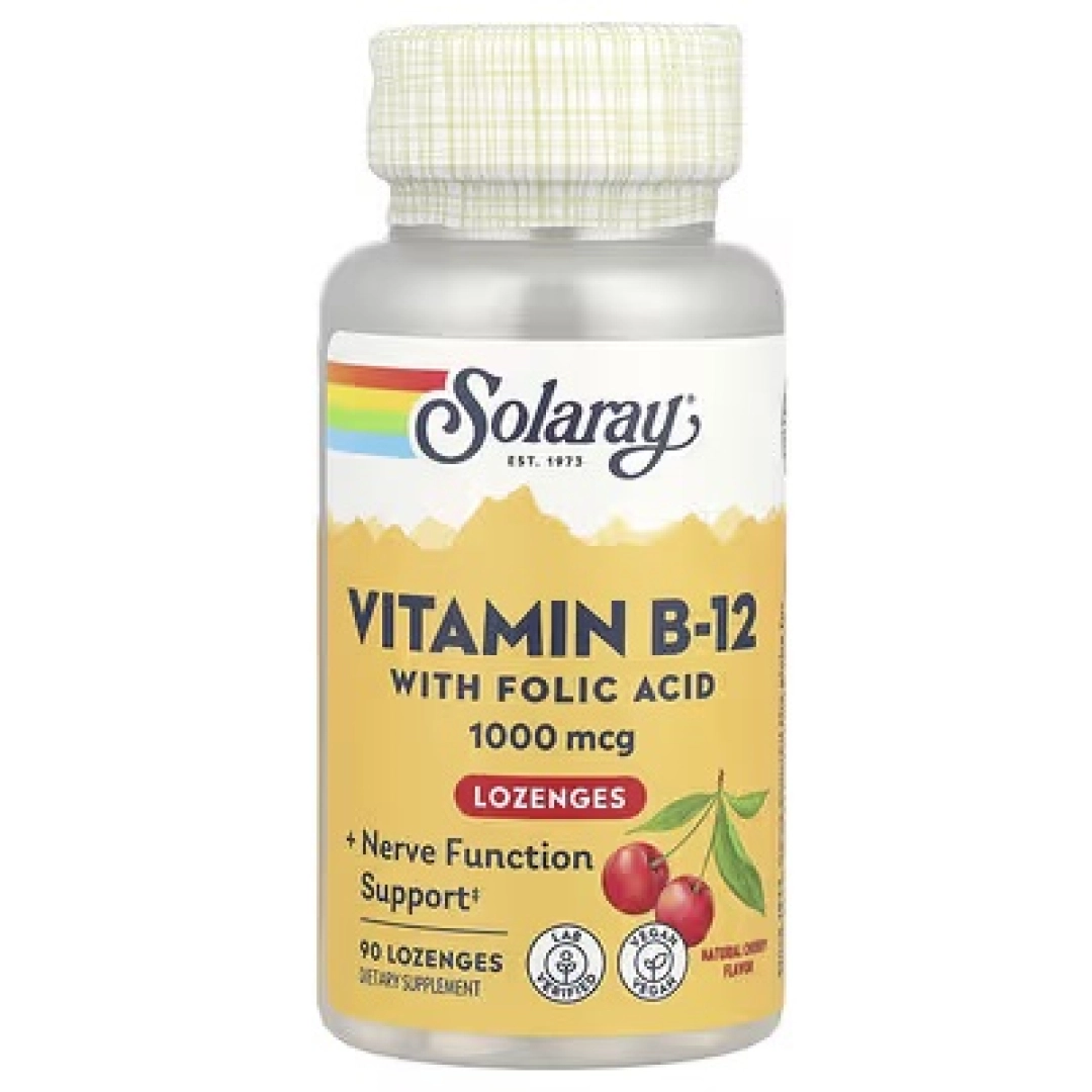 Solaray, Leden'tsilar bilan foliy kislotasi, vitamin B12, tabiiy olcha ta'mi, 1000 mg, 90 pastilka