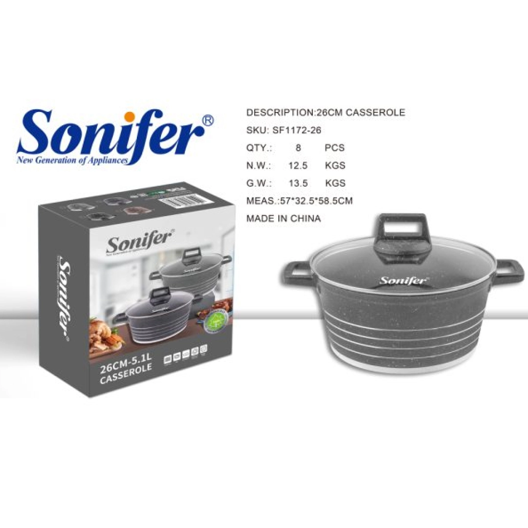 Sonifer 1172 yopishmaydigan shisha qopqoqli qaynoqga bardoshli materialdan tayyorlangan sonifier 26 sm sopol idish-qora