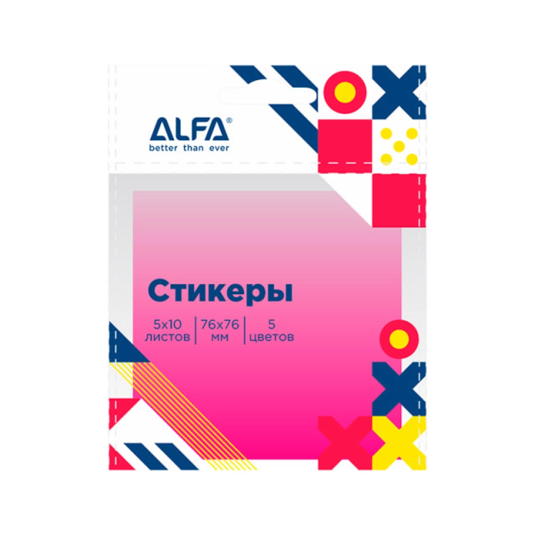 Стикеры для заметок Alfa  1SN002, 76*76мм неон, 5*10 листов
