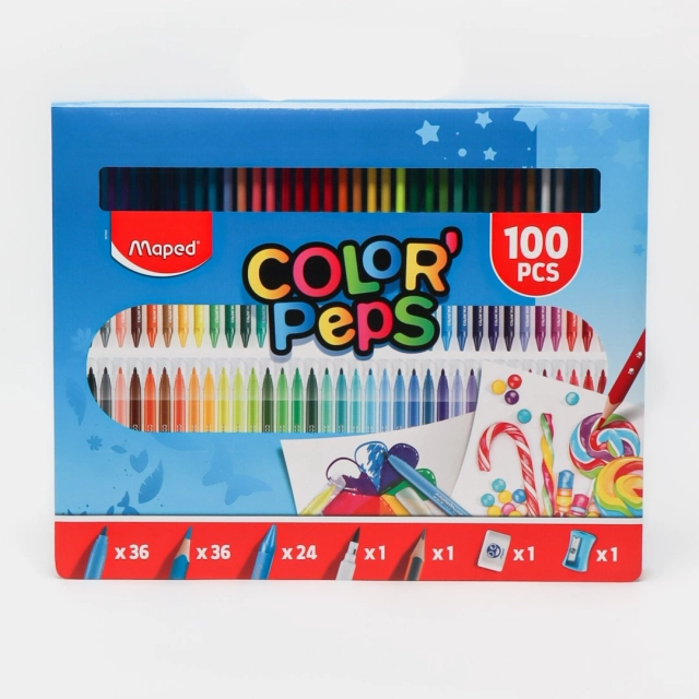 Color peps Kit, Maped 100 ta elementli rasm chizish to&lsquo;plami, plastik qutida
