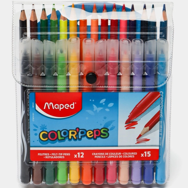 Карандаши цветные + фломастеры Maped 15 + 12 комплект
