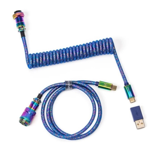 Type-A/Type-C Keychron Premium Coiled Aviator Cable &mdash; Straight Rainbow Palted Blue kabeli