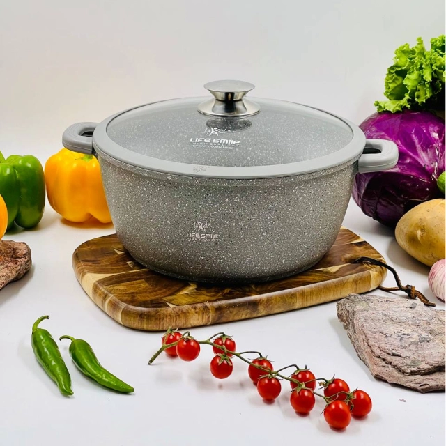Казан  со стеклянной крышкой Life Smile 28см 6,7л, BEIGE