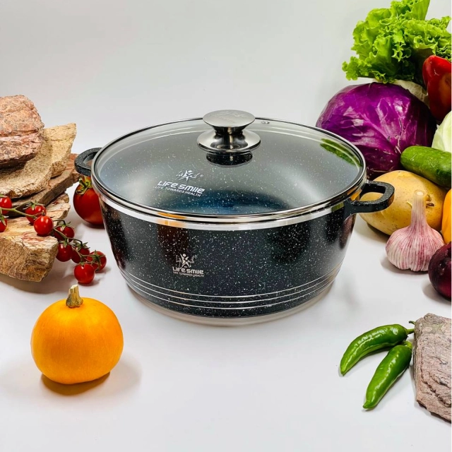 Казан со стеклянной крышкой Life Smile 24см 4,1л, Black
