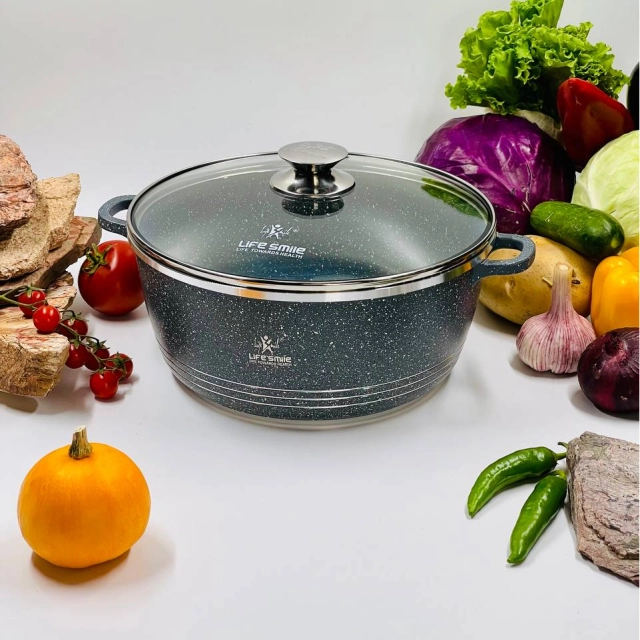 Казан со стеклянной крышкой Life Smile 28см 6,9л, Grey