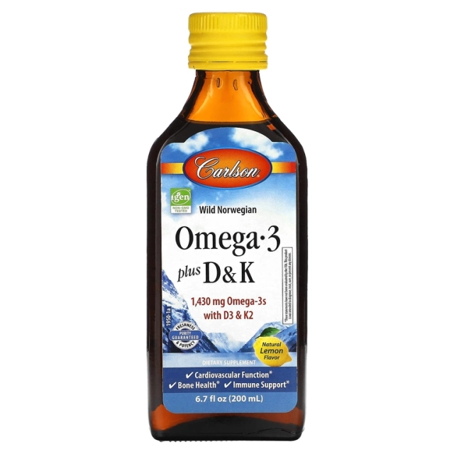 Carlson, Omega 3 Plus D & K, натуральный лимон, 1430 мг, 200 мл (6,7 жидк. унц.) (19500)
