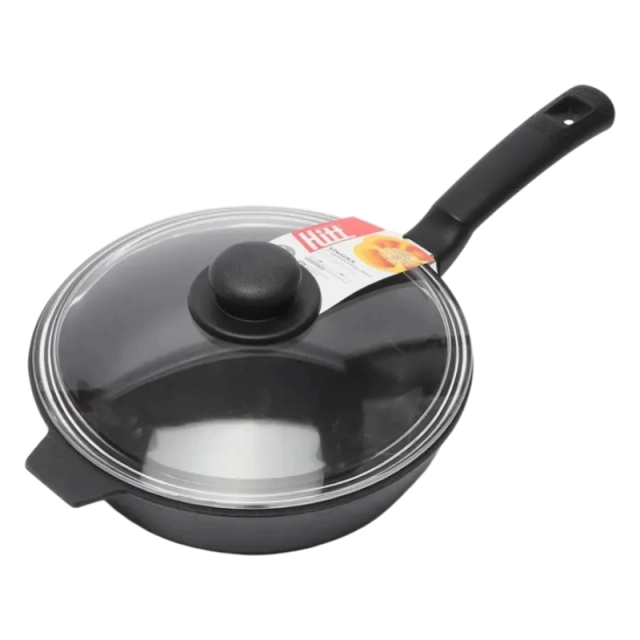 Сковорода Камская Посуда б4062 чугунная 240х60 с бакелитовой ручкой со стеклянной крышкой