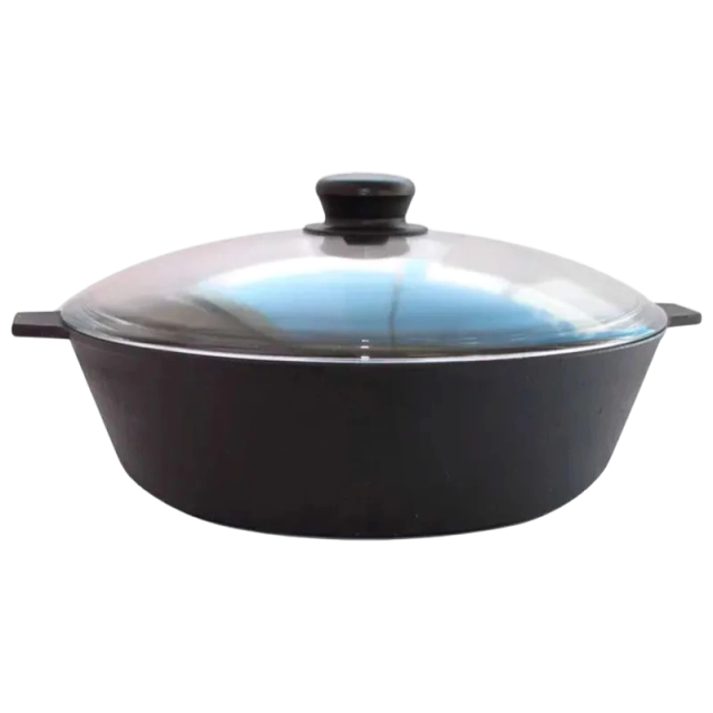 Kama idishlari ishlab chiqargan u8082 rusumli cho&lsquo;yan tova, o&lsquo;lchami 280x80, ikki dastali, shisha qopqoq bilan