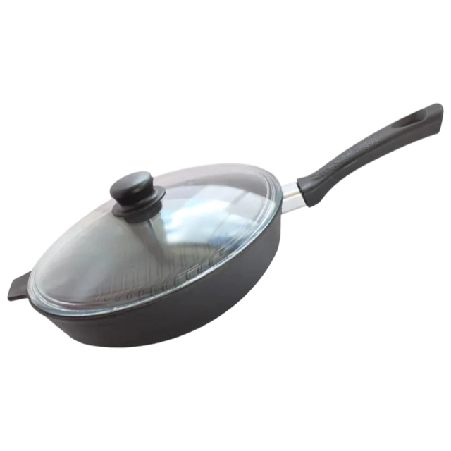 Kama idishlari ishlab chiqargan g8062 rusumli 280x60 o&lsquo;lchamli cho&lsquo;yan gril tovasi, bakelit dastali va shisha qopqoqli