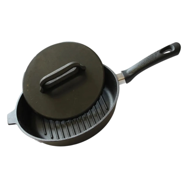 Bakelit tutqichli va cho&lsquo;yan qopqoqli Kamskaya Idishlar g8063 cho&lsquo;yan gril tovasi, 280x60 o&lsquo;lchamli