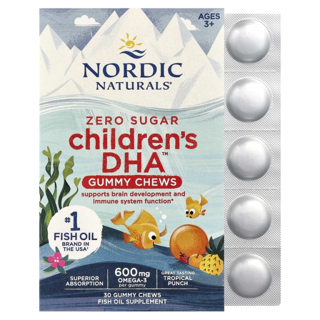Nordic Naturals Children&rsquo;s DHA&trade; bolalar uchun chaynaydigan tabletkalar, tropik panch, 355 mg DHA, 30 dona (01709)