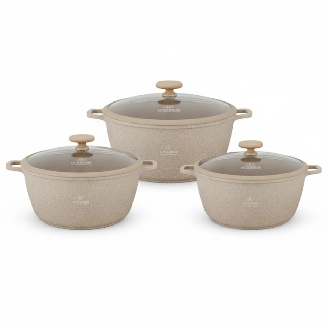Life Smile Granite coating cookware set Beige oshxona idishlari to&lsquo;plami, LIFEP17S-6-BEIGE