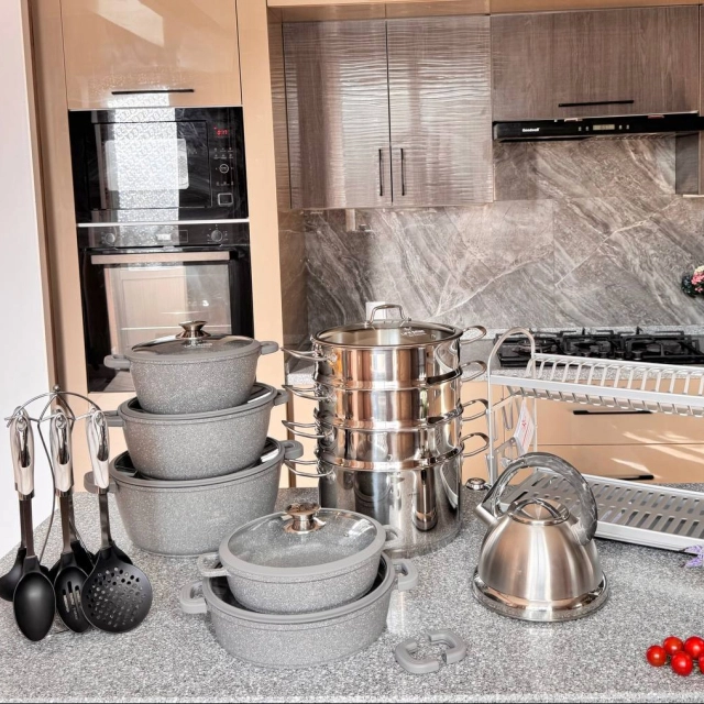 Набор кастрюль и кухонных принадлежностей Life Smile Granit, LIFEP7 Grey