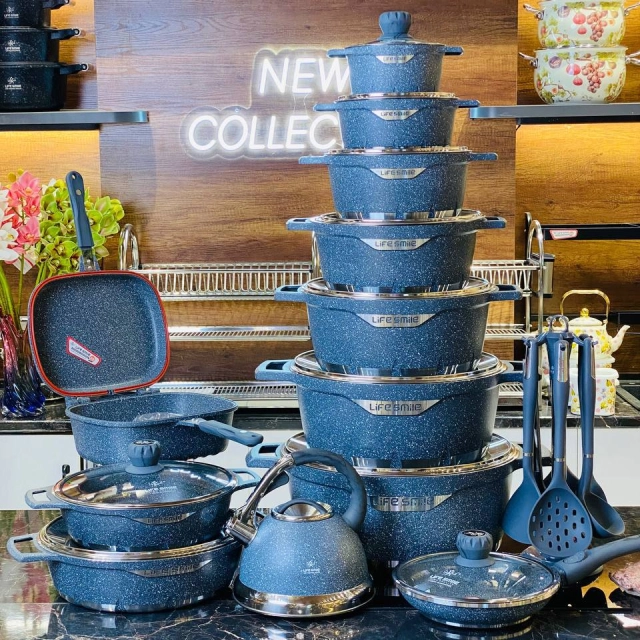 Набор кастрюль и кухонных принадлежностей Life Smile Granit,  FLHM-11-BLUE