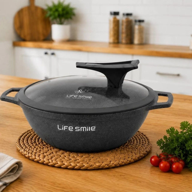 Life Smile yassi WOK qozon 32sm 6.1l , Graphite Gray