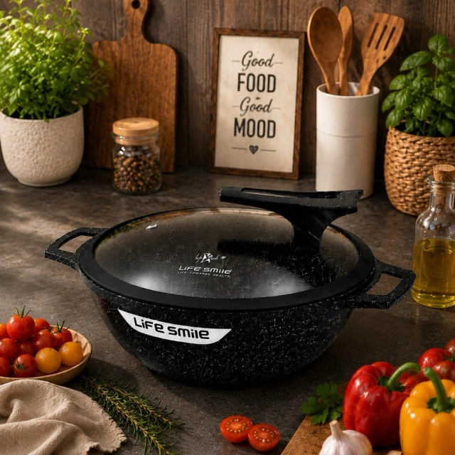Life Smile yassi WOK qozon 28sm 4.4l ,Black