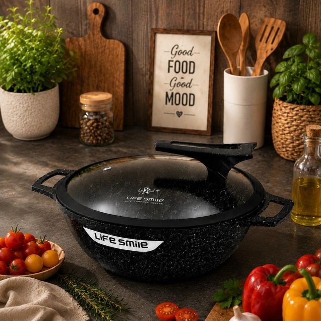 Life Smile yassi WOK qozon 32sm 6.1l , Black